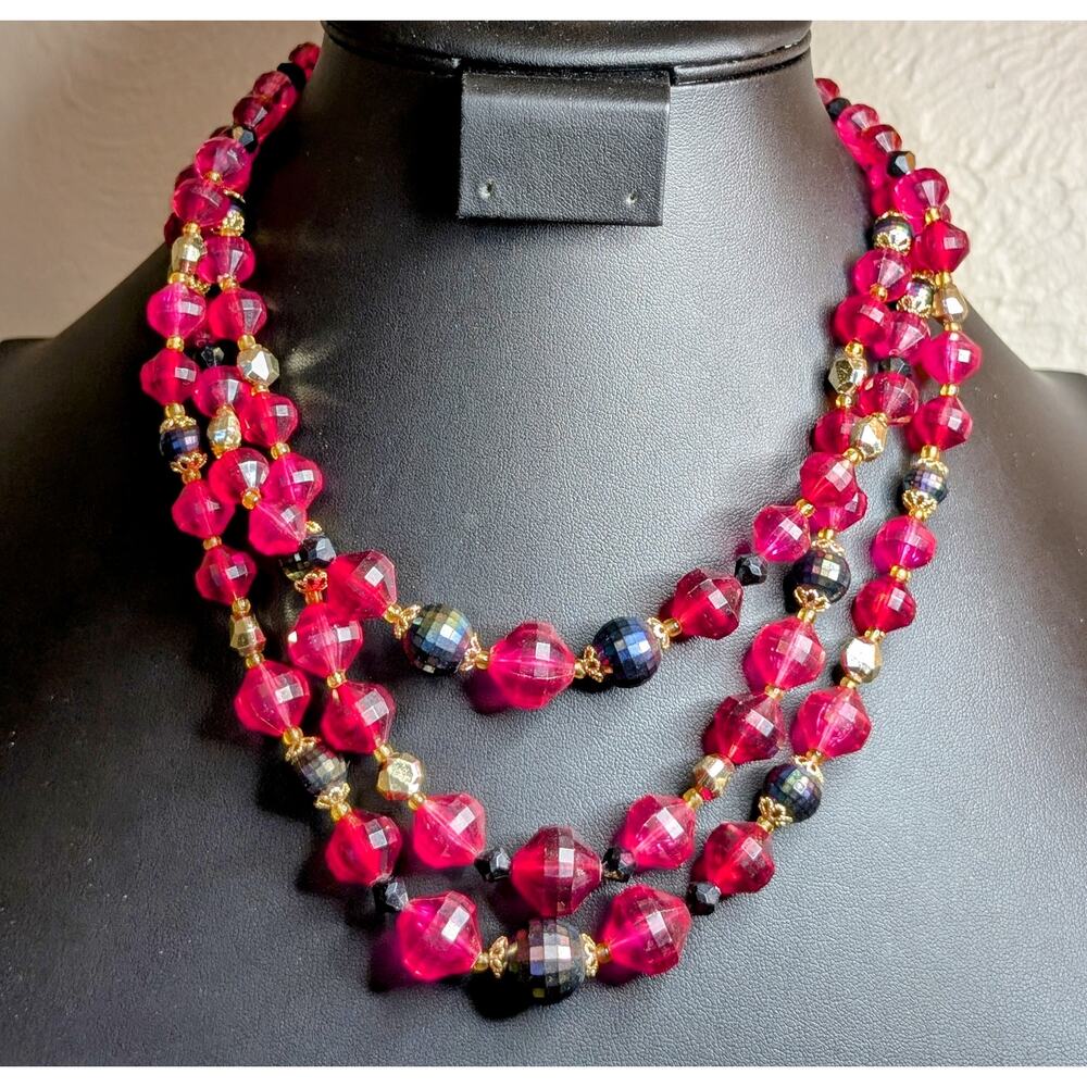 VTG Signed Western Germany Pink Gray Faceted Three Strand Acrylic Bead Necklace